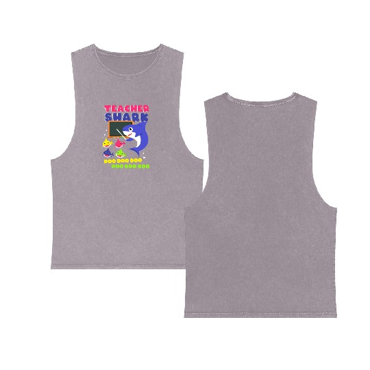 Funny Teacher Shark Preschool Teacher Double Sided Mineral Wash Tank Tops