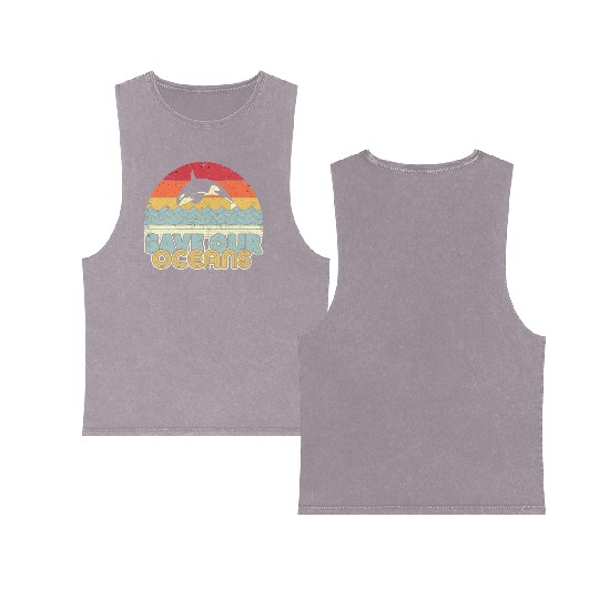 Save Our Oceans Orca Whale Retro Climate Change Double Sided Mineral Wash Tank Tops