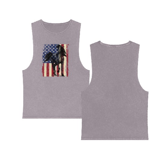 Horse American Flag Horseback Riding Horse Lover Double Sided Mineral Wash Tank Tops
