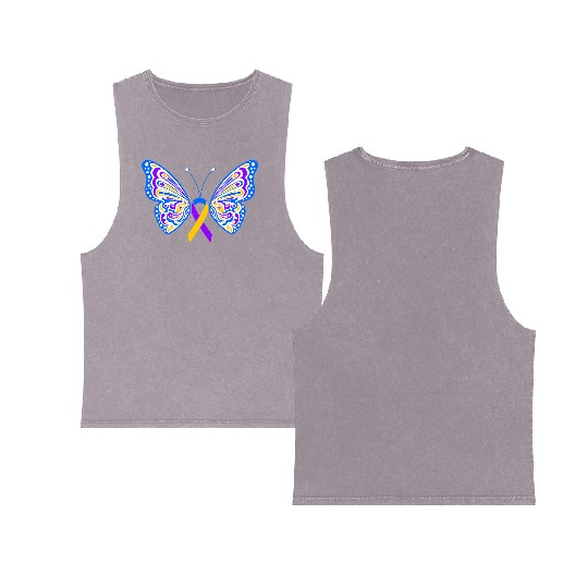 Bladder Cancer Purple Yellow Blue Ribbon Butterfly Double Sided Mineral Wash Tank Tops