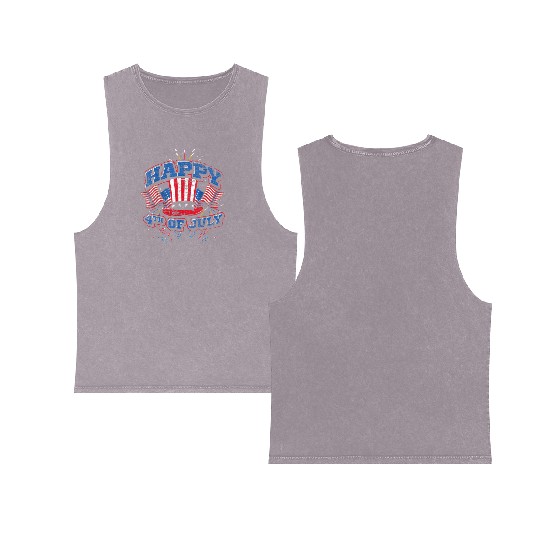 Happy 4th Of July US Flag Liberty American Double Sided Mineral Wash Tank Tops