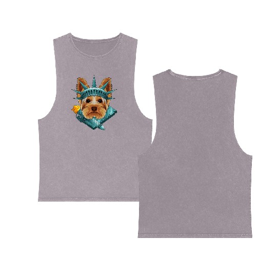 Statue Of Liberty Yorkshire Terrier 4th Of July US Double Sided Mineral Wash Tank Tops