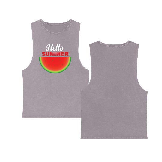 Hello Summer, Hello summer slogan on watermelon Double Sided Mineral Wash Tank Tops