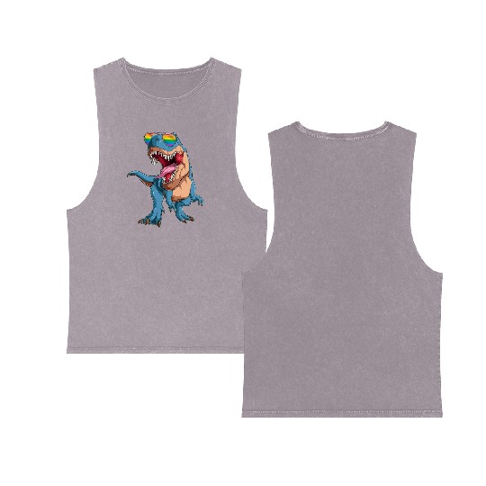 Funny Trex LGBT Gay Pride Rainbow Flag Double Sided Mineral Wash Tank Tops