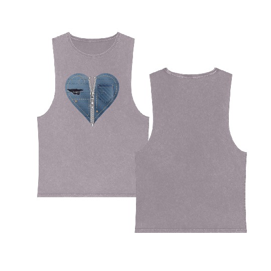 light blue heart in jeans look with zipper Double Sided Mineral Wash Tank Tops