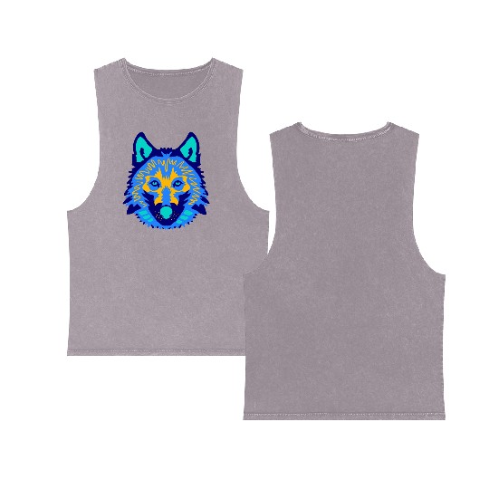 blue wolf face Double Sided Mineral Wash Tank Tops