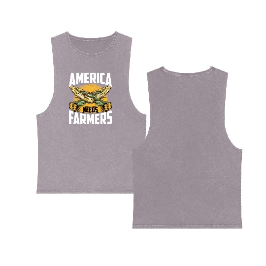 America Needs Farmers Agriculture Farmer Corn Double Sided Mineral Wash Tank Tops
