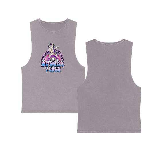 Spooky Vibes Halloween Unicorn Rainbow Girls Double Sided Mineral Wash Tank Tops