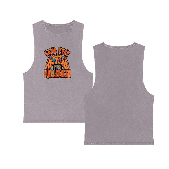 Game Over Its Halloween Spooky Game Vintage Retro Double Sided Mineral Wash Tank Tops