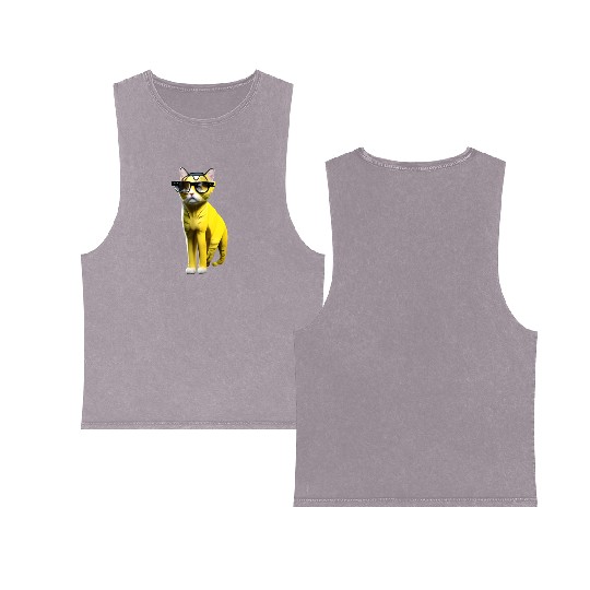 Yellow cute cat character _ cat’s sticker. Double Sided Mineral Wash Tank Tops