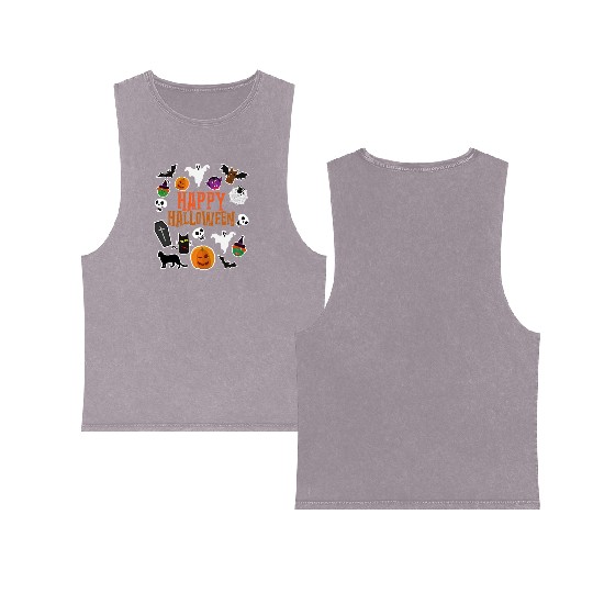 Pumpkin Lantern Skull Ghost Happy Halloween Double Sided Mineral Wash Tank Tops