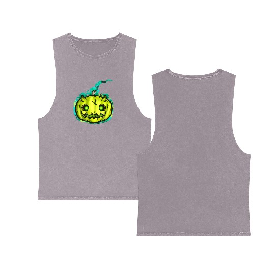 Green Pumpkin Spirit With Horns Halloween Double Sided Mineral Wash Tank Tops