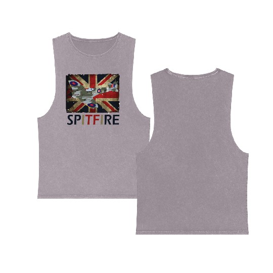 Spitfire WW2 Fighter Aircraft Airplane Union Jack Double Sided Mineral Wash Tank Tops