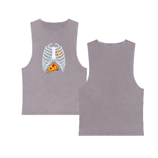 Funny PIzza Skeleton Rib Cage Halloween Costume Double Sided Mineral Wash Tank Tops