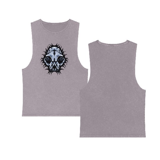 Cat Skull Bursting out gray scale oddities Double Sided Mineral Wash Tank Tops