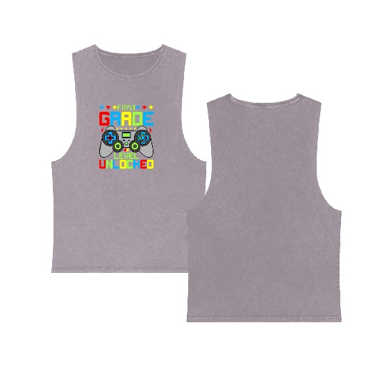 First Grade Level Unlocked Video Game Back To Scho Double Sided Mineral Wash Tank Tops
