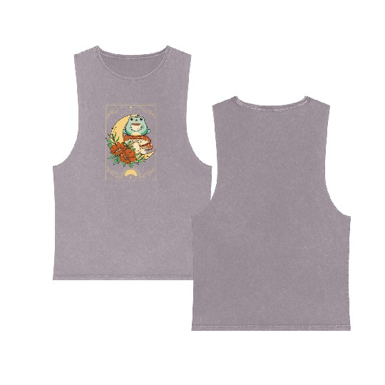 Cottagecore Aesthetic Tarot Card Frog Sipping Tea Double Sided Mineral Wash Tank Tops