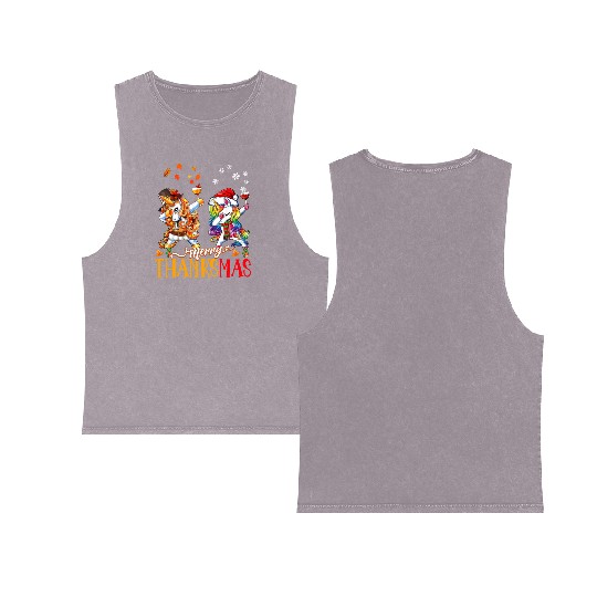 Merry Thanksmas funny unicorn Thanksgiving xmas Double Sided Mineral Wash Tank Tops