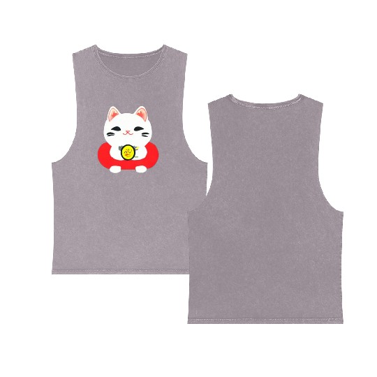 Kawaii Maneki Neko Cat Illustration Double Sided Mineral Wash Tank Tops