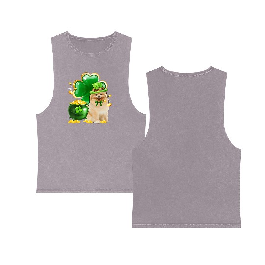 Pomeranian Dog Shamrock St Patricks Day Double Sided Mineral Wash Tank Tops
