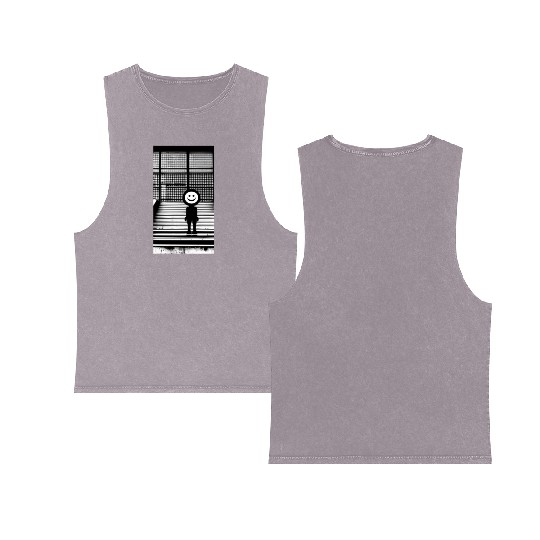 Smiley Face in Double Sided Mineral Wash Tank Tops Standing on the Steps Street