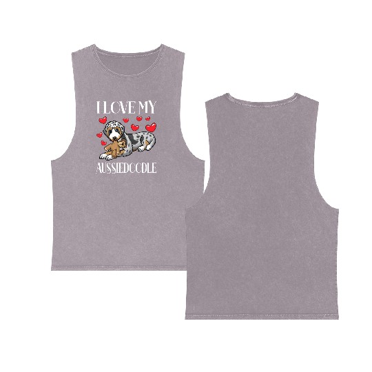 Aussiedoodle Dog With Stuffed Animal Double Sided Mineral Wash Tank Tops
