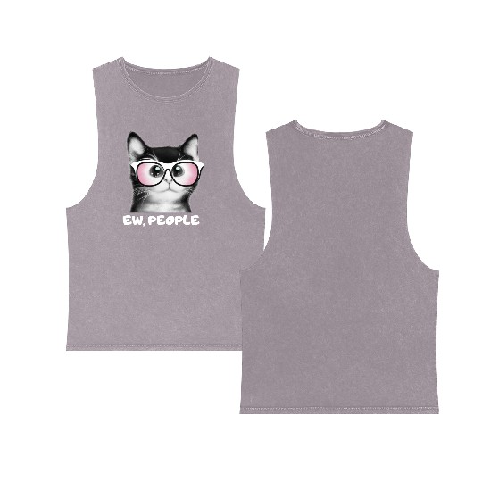 EW PEOPLE, Funny Cat Wearing Pink Sunglasses Double Sided Mineral Wash Tank Tops