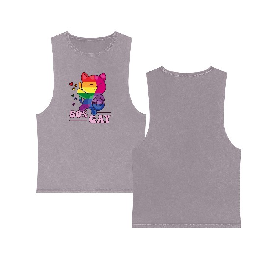 50% Gay Bi Bisexual Pride Kawaii Cat Kawaii Double Sided Mineral Wash Tank Tops