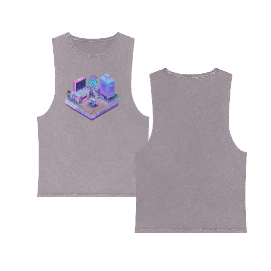 Future Cityscape - 3D Isometric Vaporwave Double Sided Mineral Wash Tank Tops