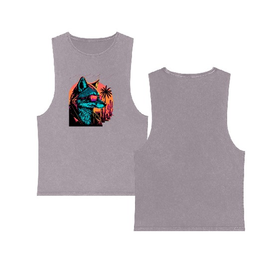 Retro Futuristic Synthwave Fox Double Sided Mineral Wash Tank Tops