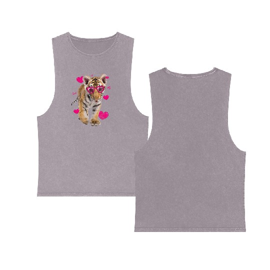 Cute Tiger Cub Gift Valentine Day Heart Tiger Face Double Sided Mineral Wash Tank Tops