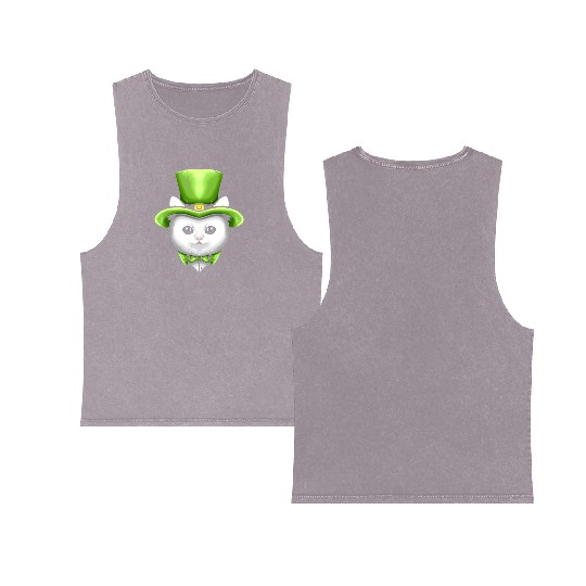 Cute Kawaii Cat With Leprechauns Hat On St Double Sided Mineral Wash Tank Tops