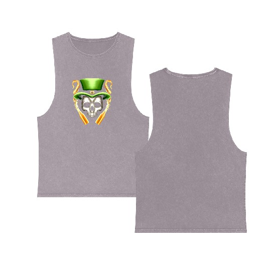 Skull With Leprechauns Hat And Beer Party St Double Sided Mineral Wash Tank Tops