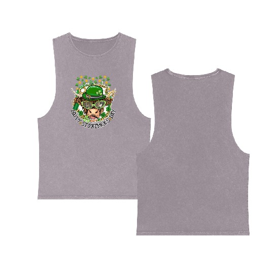 Happy St. Patrick's Day, Funny Cow, Hat and Gold Double Sided Mineral Wash Tank Tops