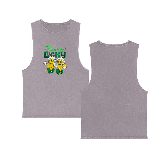 St Patrick's Day Feeling Lucky Retro Vintage Beer Double Sided Mineral Wash Tank Tops