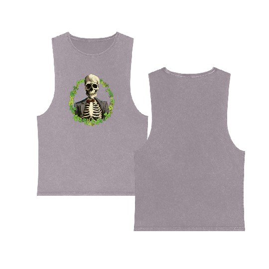 Skeleton Vintage Retro Creepy Cute Shamrock Double Sided Mineral Wash Tank Tops