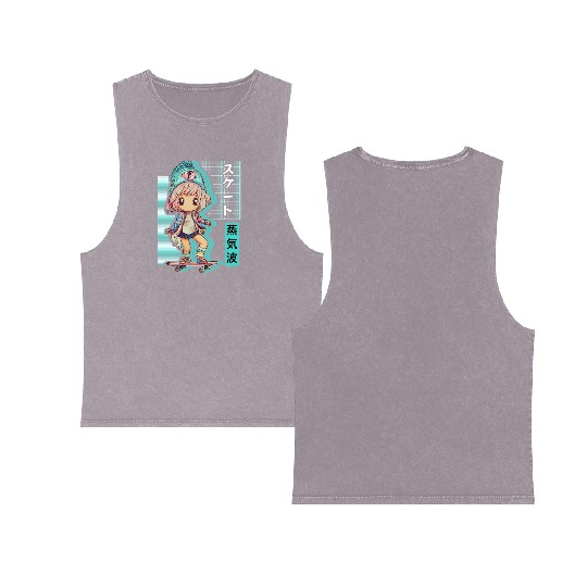 Skater Chibi Anime Skateboard Japanese Vaporwave A Double Sided Mineral Wash Tank Tops