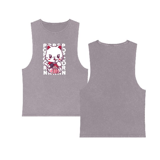 Cat Eating Popcorn Double Sided Mineral Wash Tank Tops