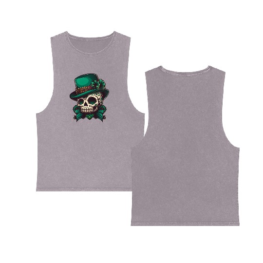 Sugar Skull Wearing A Hat St. Patrick's Day Design Double Sided Mineral Wash Tank Tops