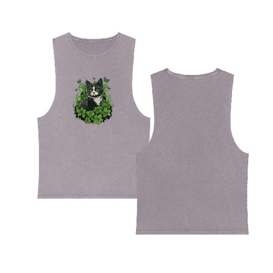 Black and white cat with ivy and butterflies Double Sided Mineral Wash Tank Tops