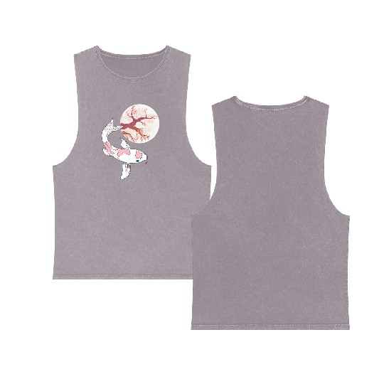 Koi Sakura Tree Moon Cherry Blossom Nishikigoi Jap Double Sided Mineral Wash Tank Tops