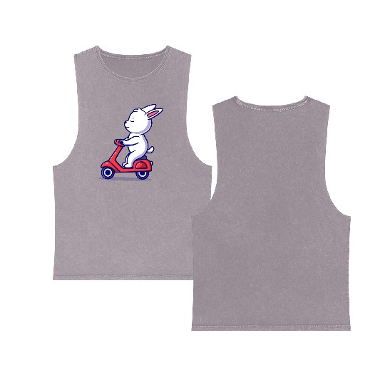 Cute bunny riding scooter icon illustration Double Sided Mineral Wash Tank Tops
