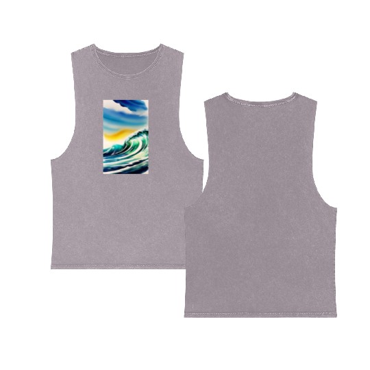 Ocean Waves Painting Design Double Sided Mineral Wash Tank Tops