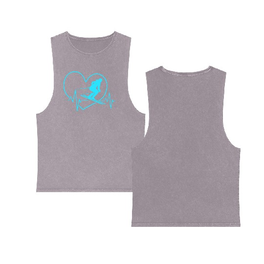 Ski Skier For Women Skiing Heartbeat Double Sided Mineral Wash Tank Tops