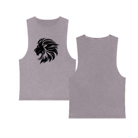Mighty Lion Head Mane Cool Tattoo Style Double Sided Mineral Wash Tank Tops