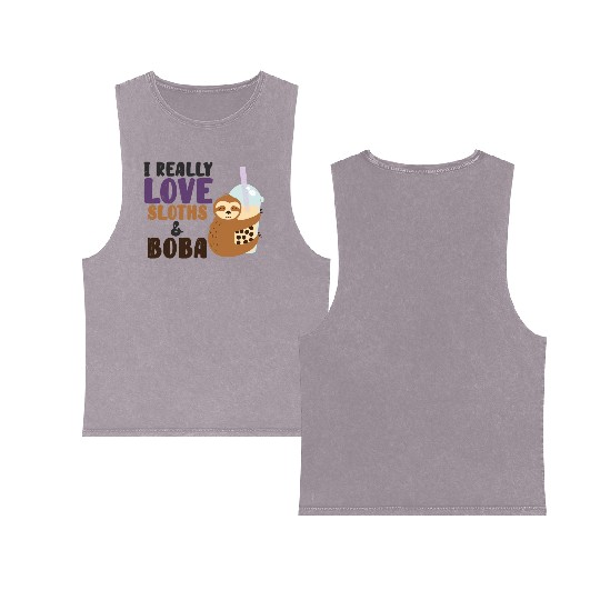 Cute Lazy Sloth Boba Tea Sweet Bubble Tea Double Sided Mineral Wash Tank Tops