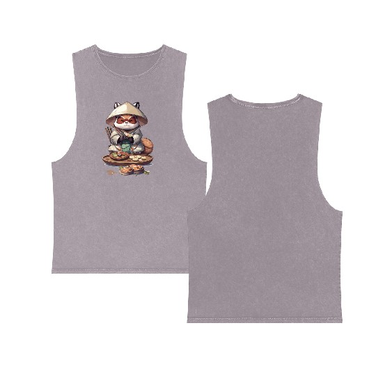 Tanuki Warrior Eat Sushi Double Sided Mineral Wash Tank Tops