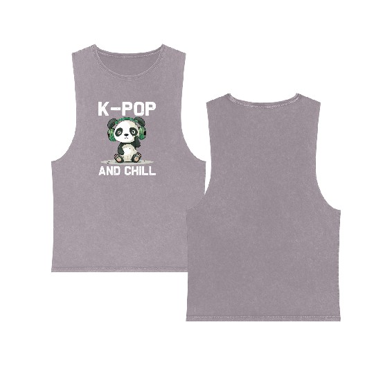 Kpop And Chill Panda Headphones Korean Music Lover Double Sided Mineral Wash Tank Tops