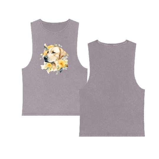Yellow Lab Dog Watercolor Floral Double Sided Mineral Wash Tank Tops