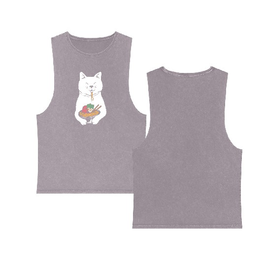 Cute Cat Eating Ramen Double Sided Mineral Wash Tank Tops